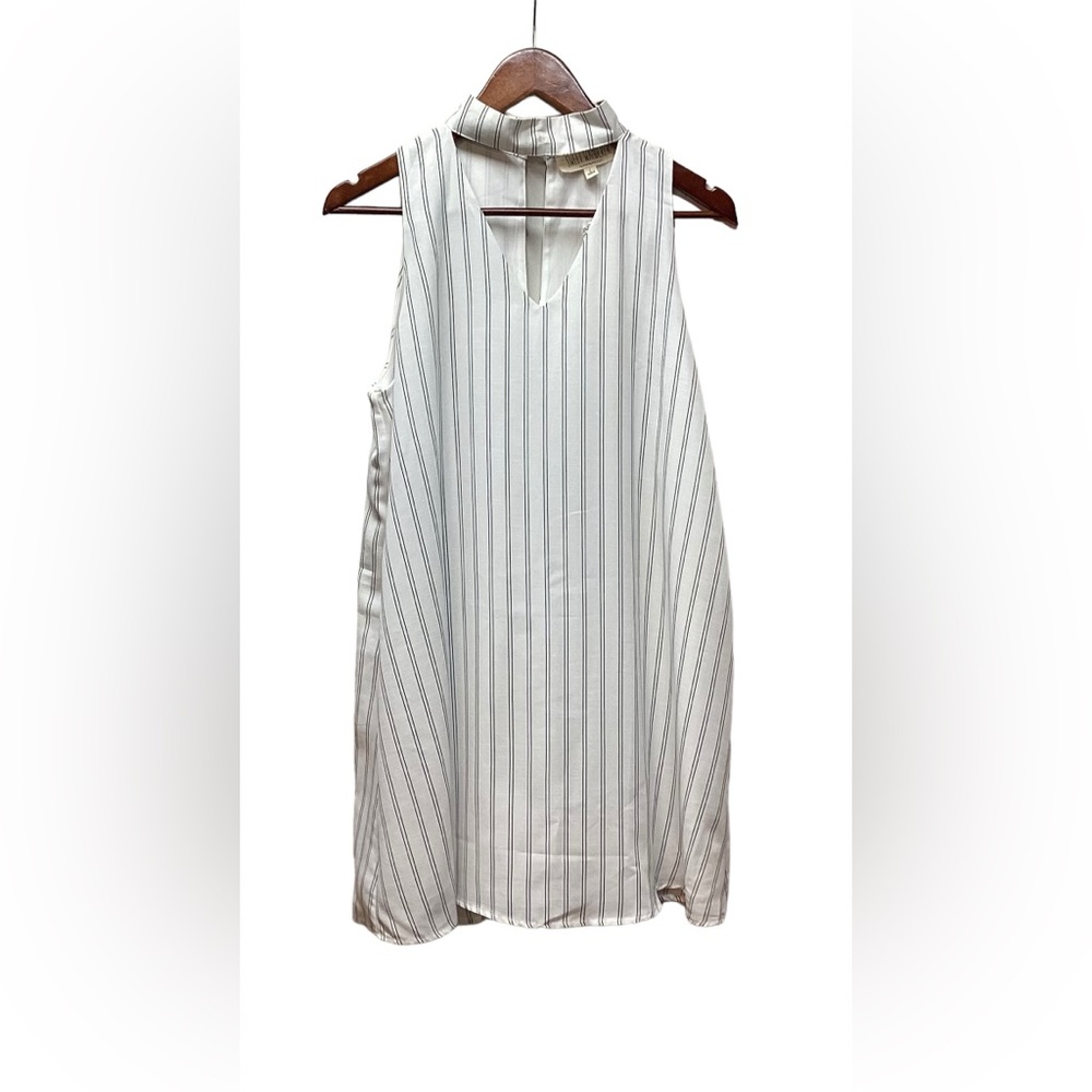 Sweet Wanderer choker collar dress. White with denim blue stripes. Size Large